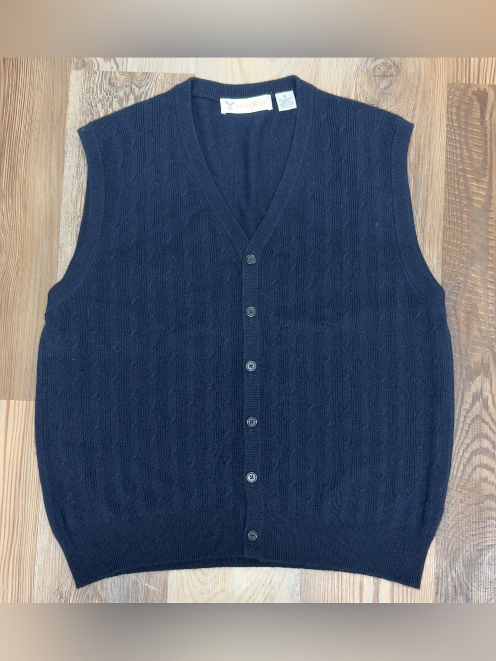Braemar Mens 100% Cashmere Cable Knit Button Front Sweater Vest Navy Blue L